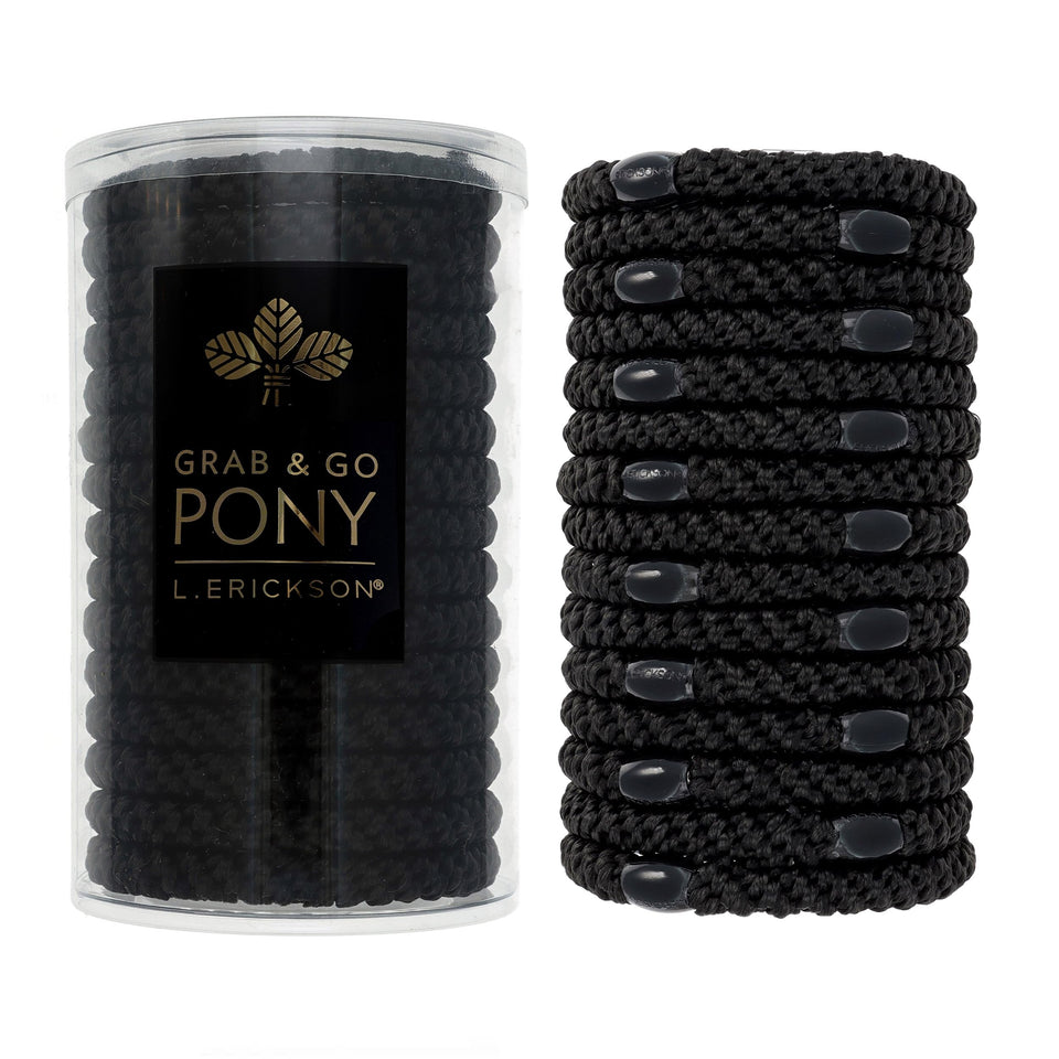 L. Erickson front packaging showing 15 black ties and travel-friendly tube for organization