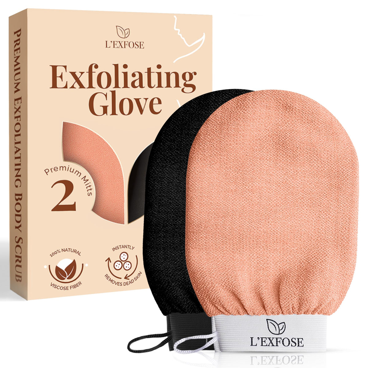 L'Exfose front view of two exfoliating gloves showing colors and packaging benefit spa-quality exfoliation