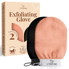 L'Exfose front view of two exfoliating gloves showing colors and packaging benefit spa-quality exfoliation