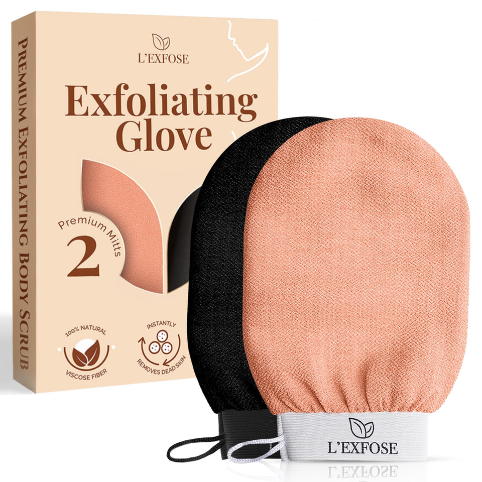 L'Exfose front view of two exfoliating gloves showing colors and packaging benefit spa-quality exfoliation