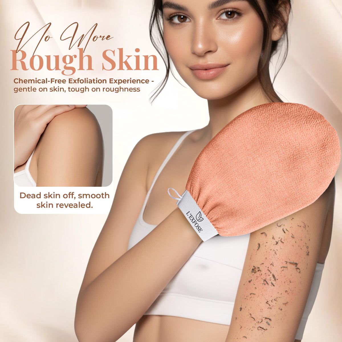 L'Exfose exfoliating glove in shower demonstrating easy use and improved skin smoothness