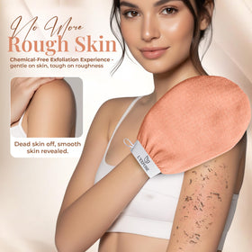 L'Exfose exfoliating glove in shower demonstrating easy use and improved skin smoothness