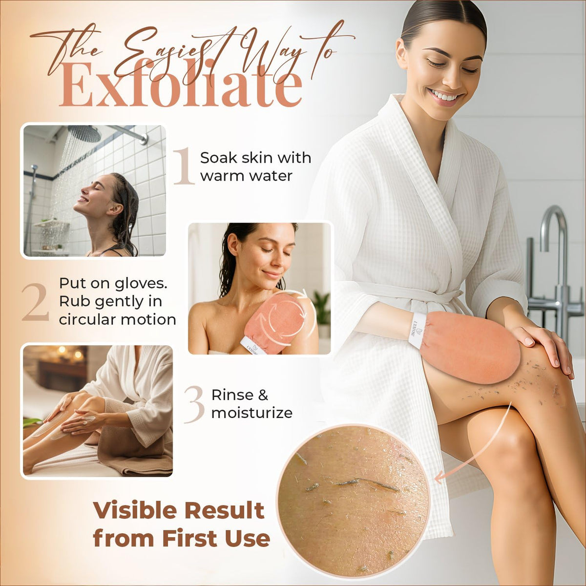 L'Exfose glove on hand showing 22x15 cm fit and comfortable handling for full-body exfoliation