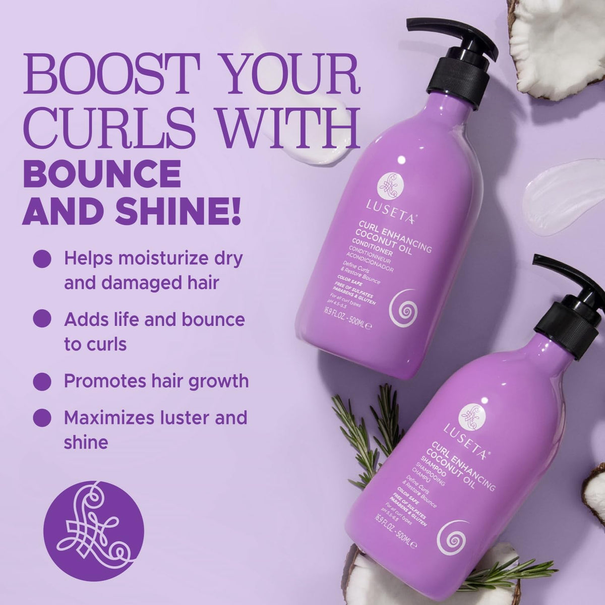 L LUSETA bottle label close-up highlighting coconut oil benefits