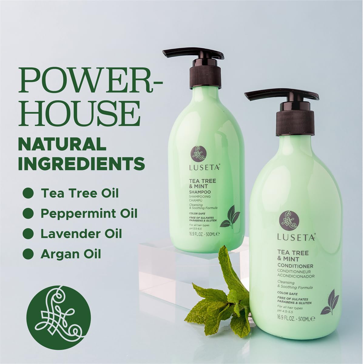 L LUSETA bottle label highlighting tea tree, peppermint and lavender oils