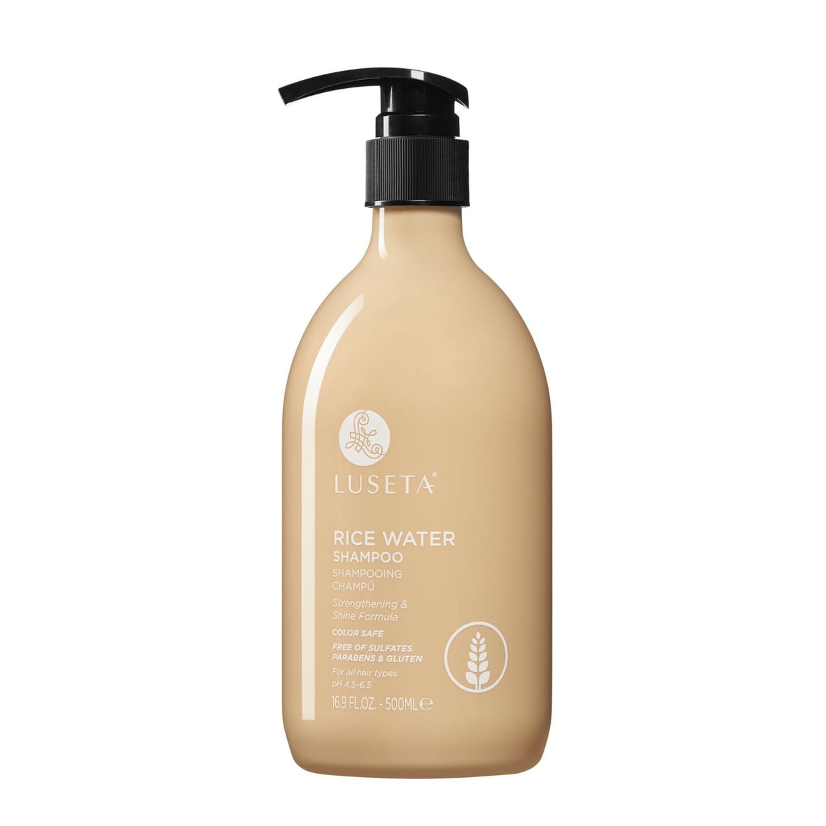 L LUSETA front bottle view showing rice water shampoo and clear benefits