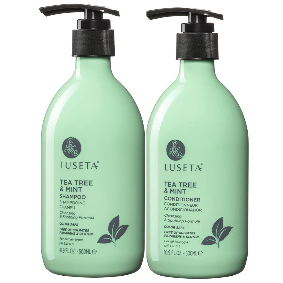 L LUSETA front packaging of tea tree and mint set showing both bottles and benefits