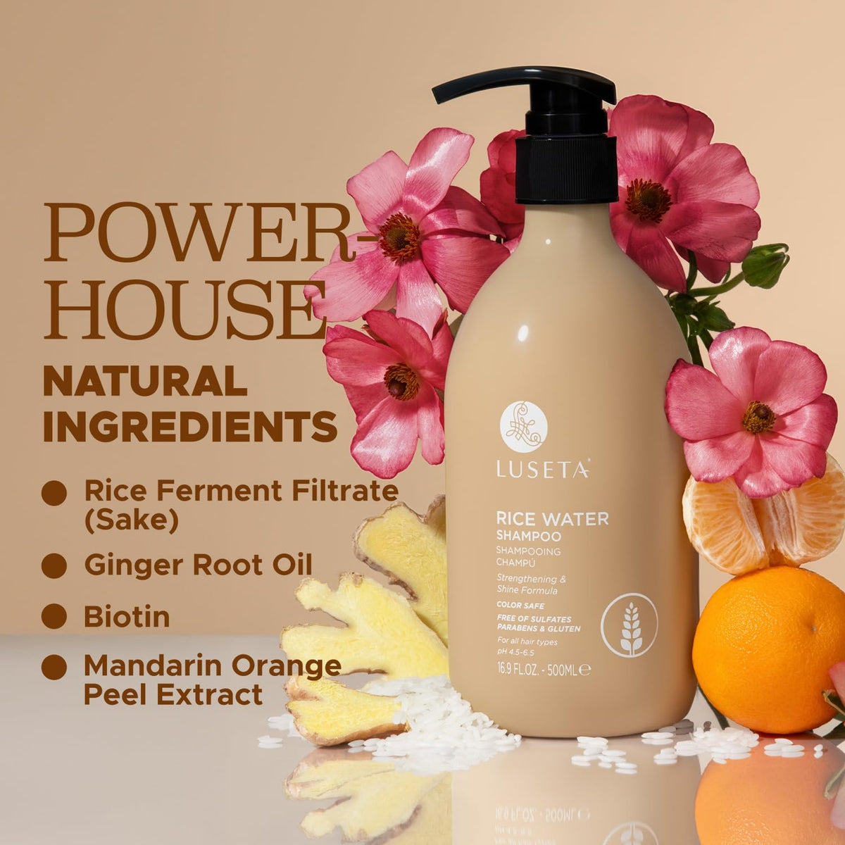 L LUSETA shampoo on hair strand showing smoother, strengthened look