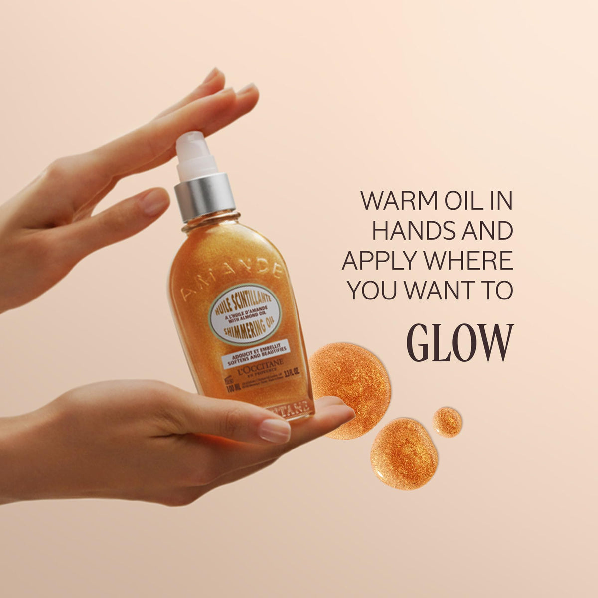 L'OCCITANE oil pouring to illustrate easy application and fast absorption benefit