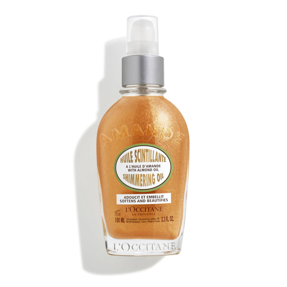 L'OCCITANE bottle front view showing elegant almond oil packaging and immediate glow benefit