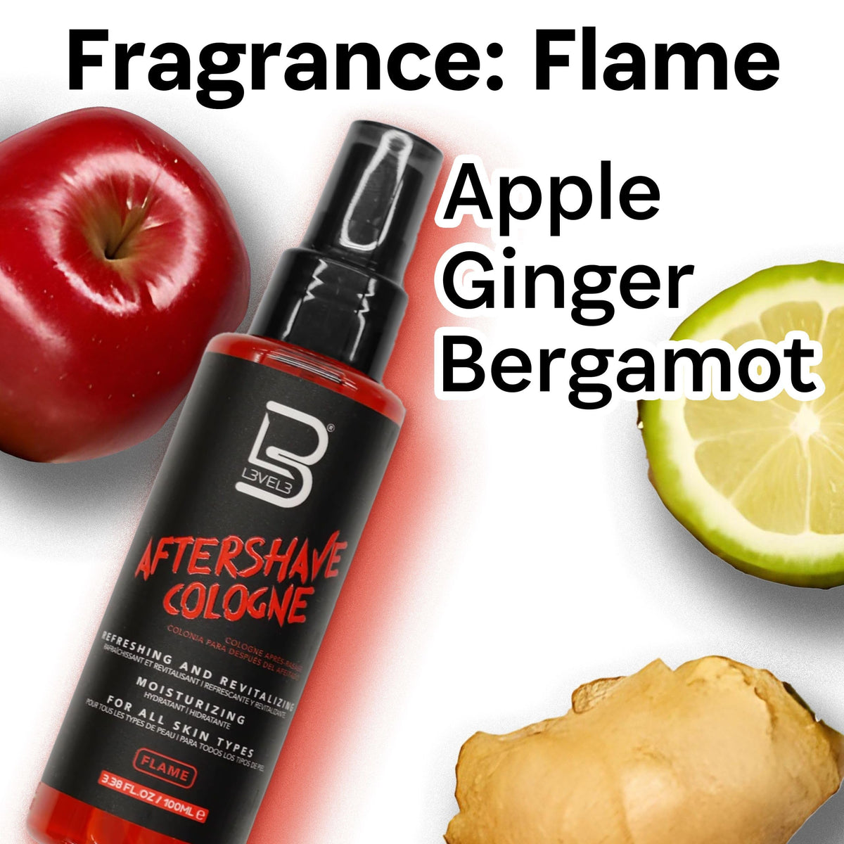 L3 aftershave label detail and fragrance notes highlighting scent clarity benefit