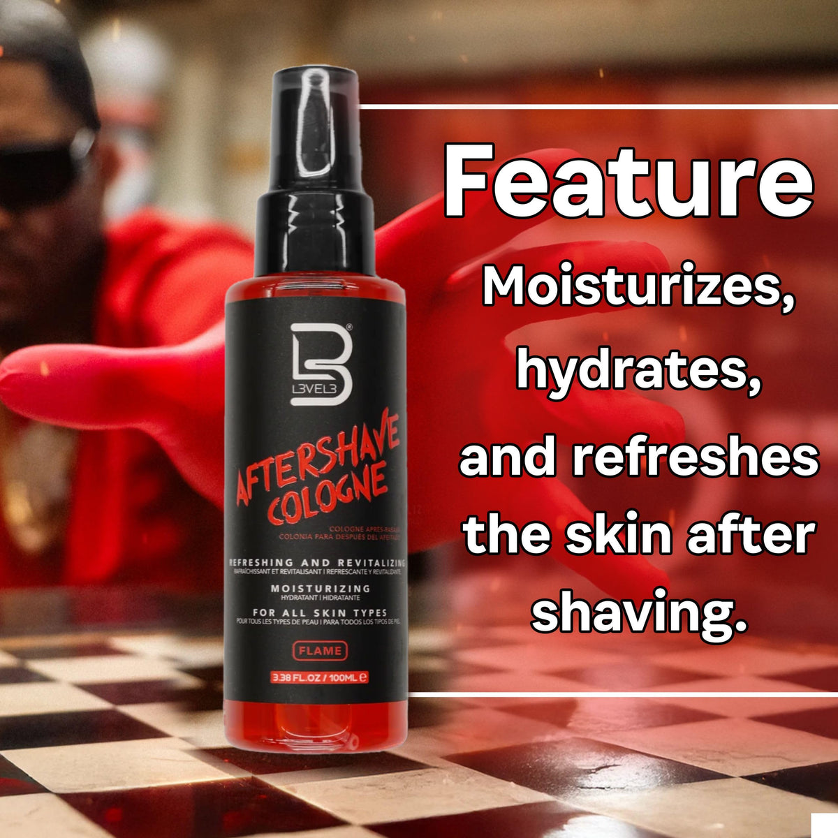 L3 aftershave spray in use during shaving routine for instant refresh benefit