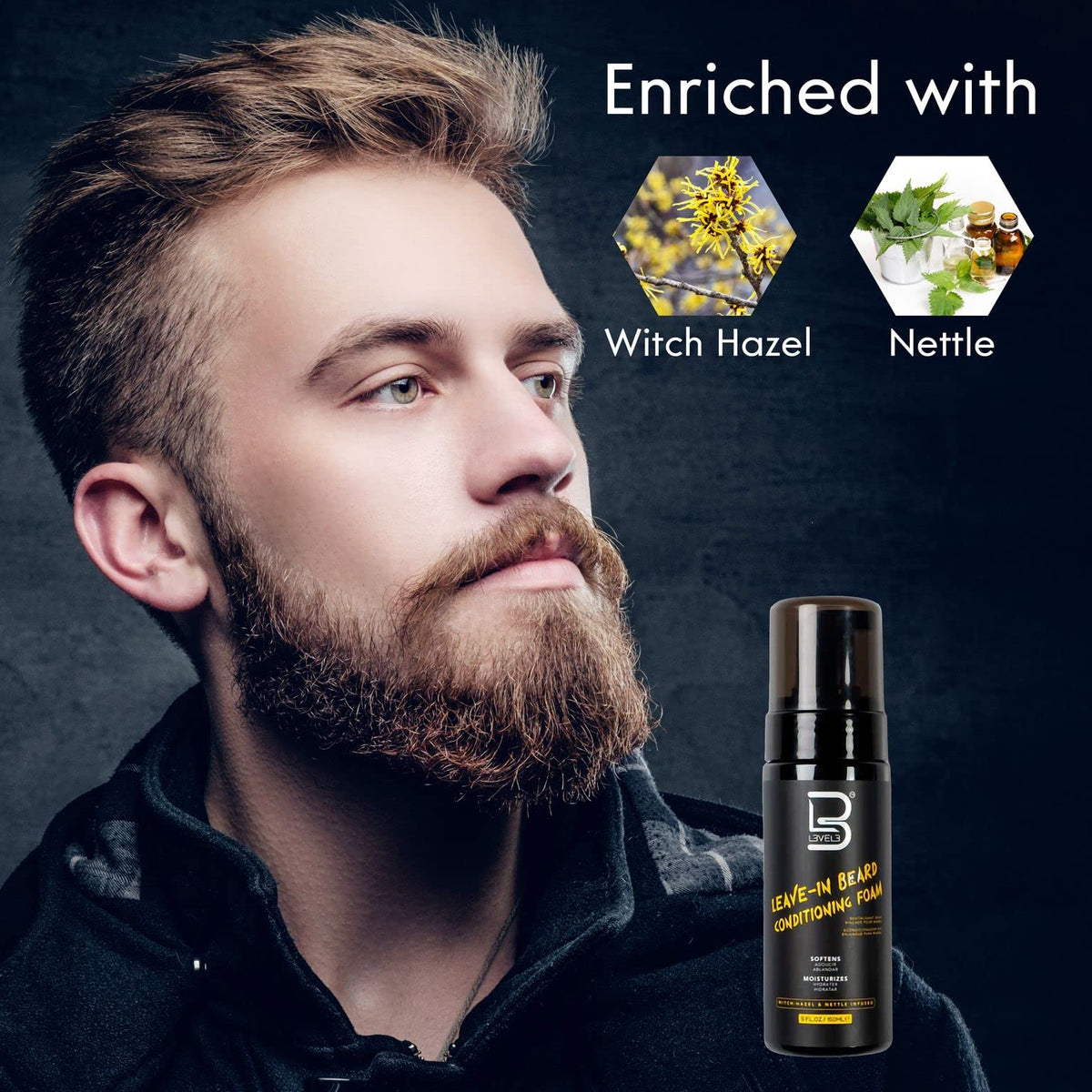 L3 beard foam held in hand showing product size and travel convenience