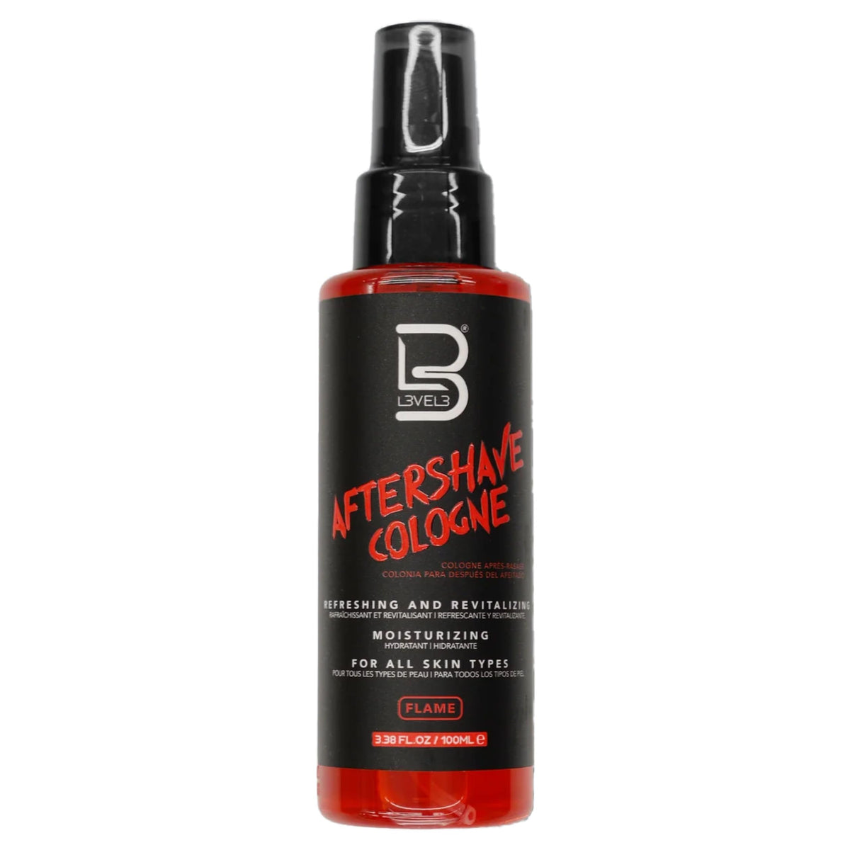 L3 aftershave front packaging showing sleek bottle and brand benefit
