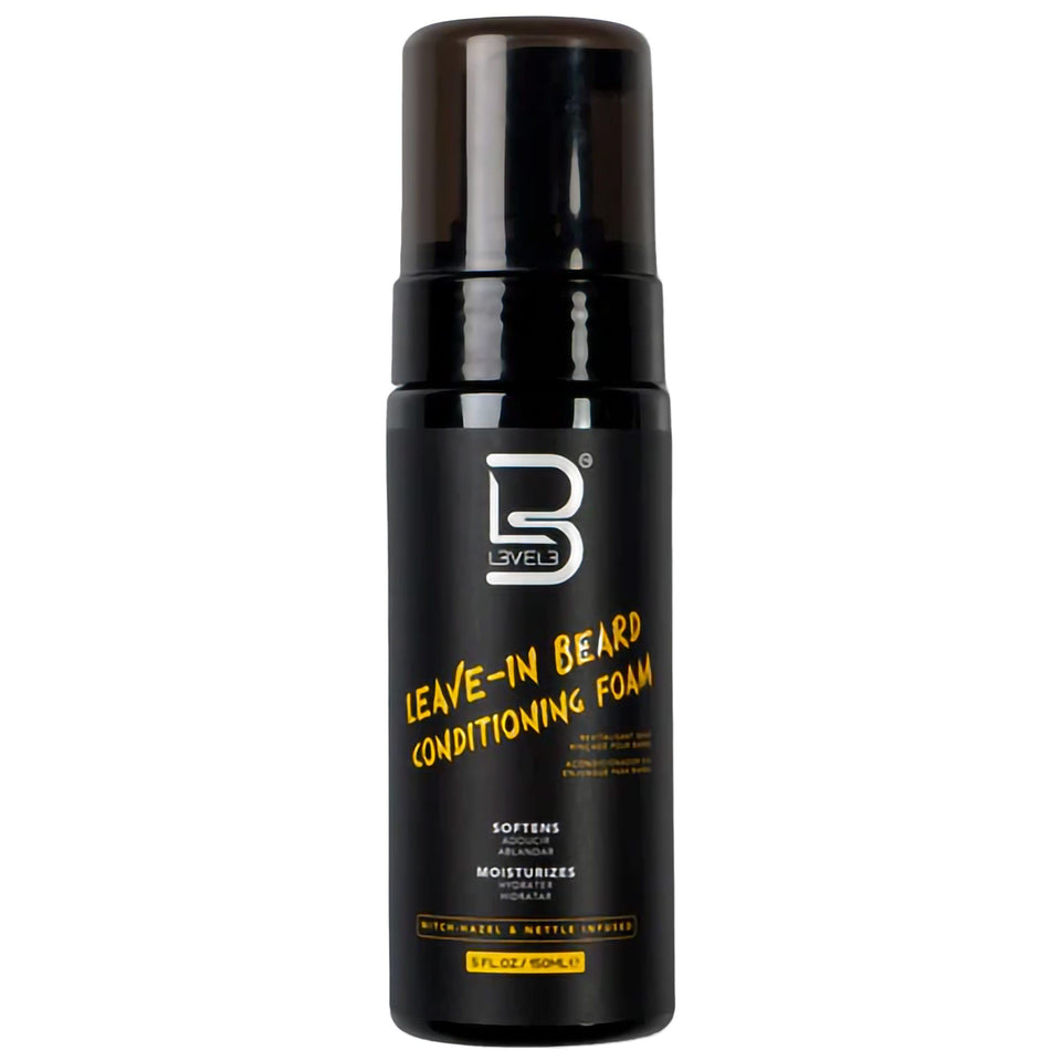 L3 front packaging showing the leave-in beard conditioner foam and branding benefit