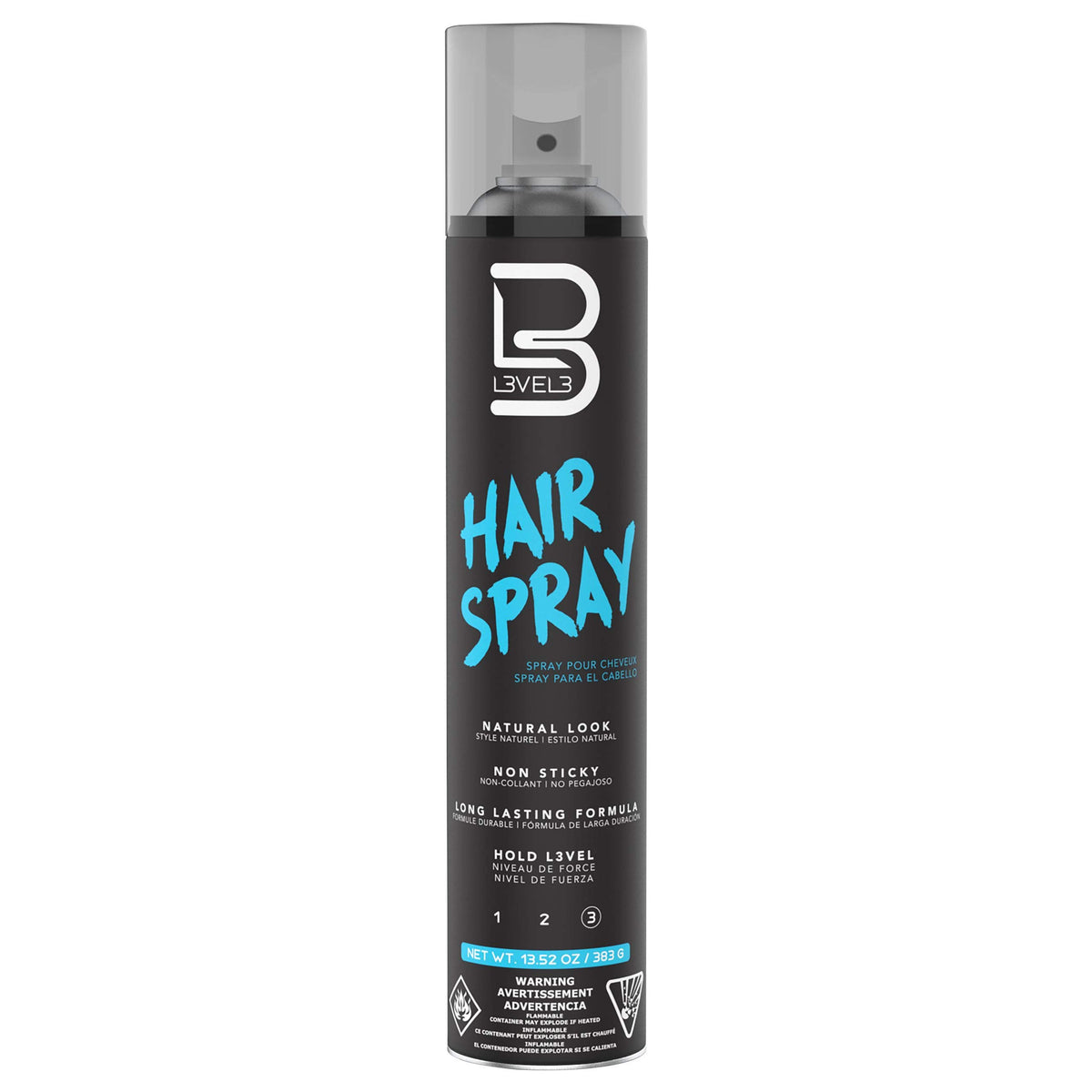 L3 Level 3 hairspray front packaging showing strong-hold label and volume benefit