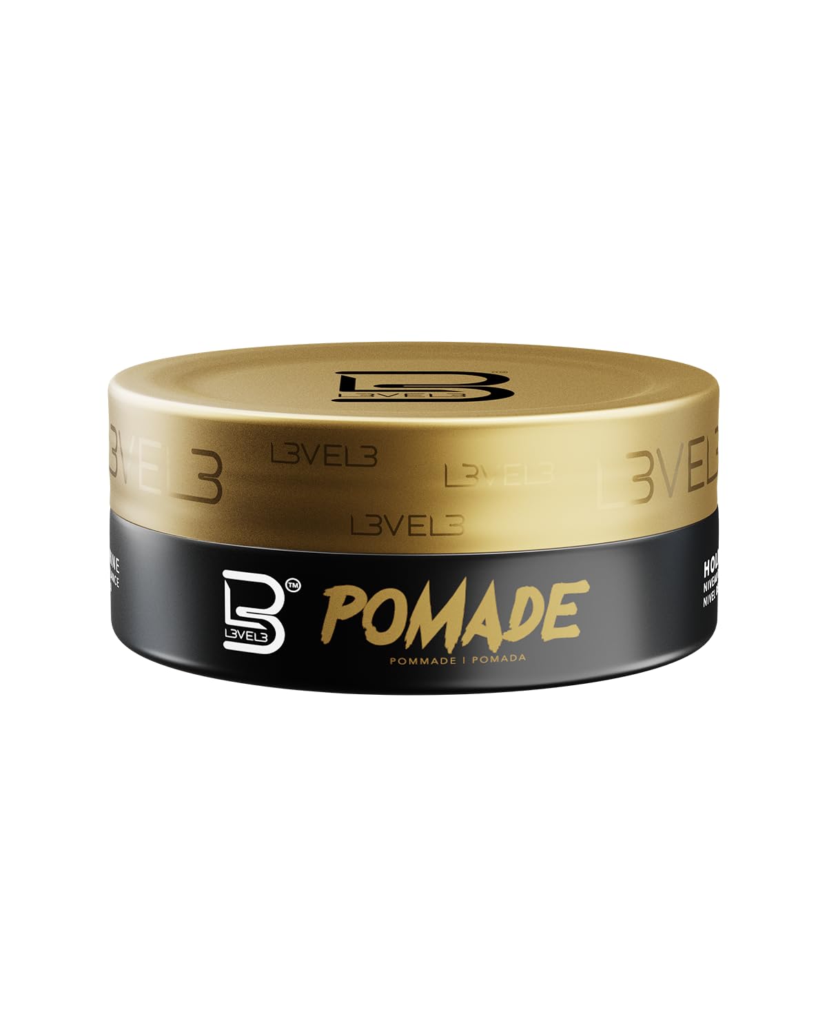 L3 Level 3 Pomade front jar view showing clean branding and glossy finish benefit