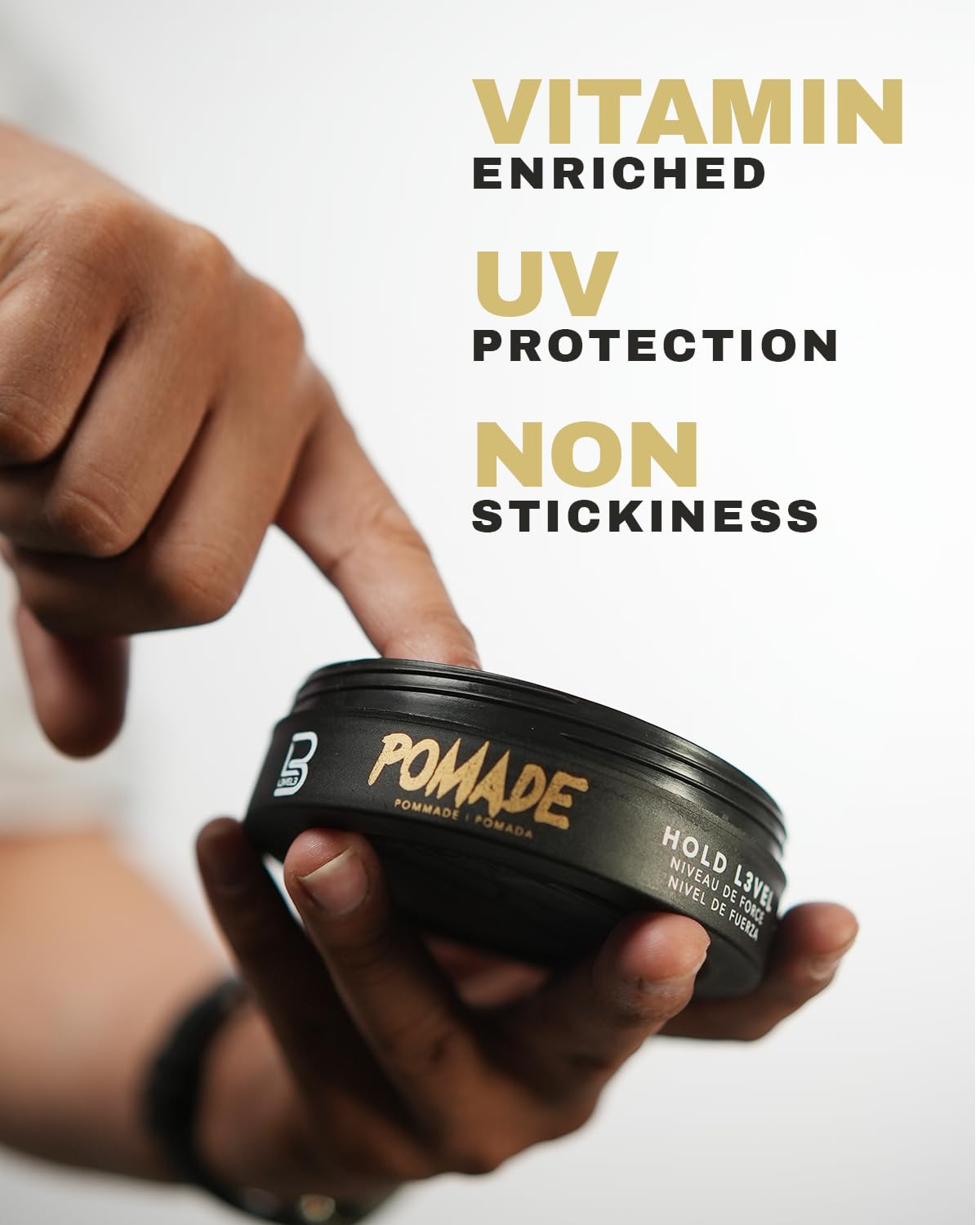 L3 Level 3 Pomade label detail with ingredients and long-lasting hold benefit