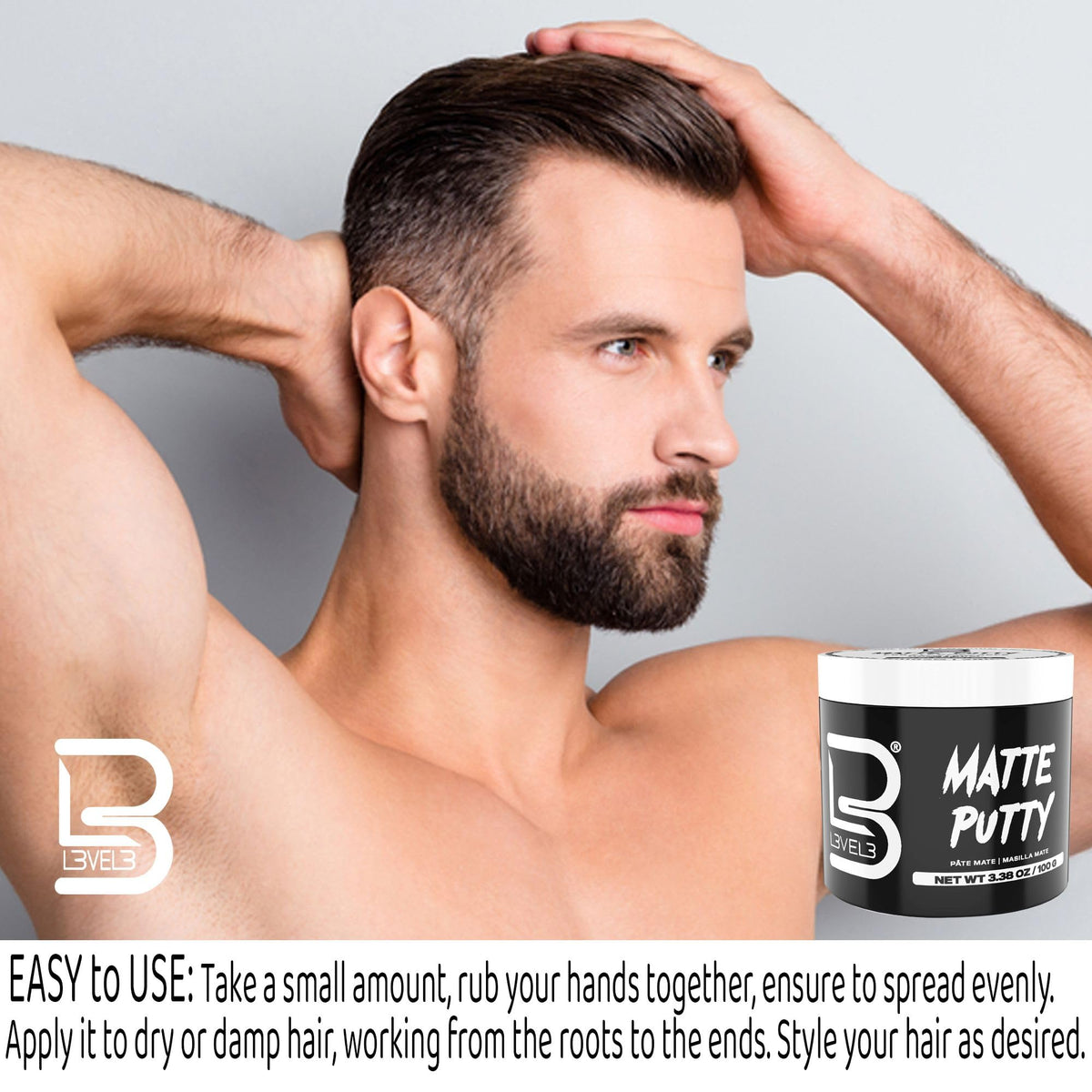 L3 styled short haircut before and after using putty for natural matte texture.