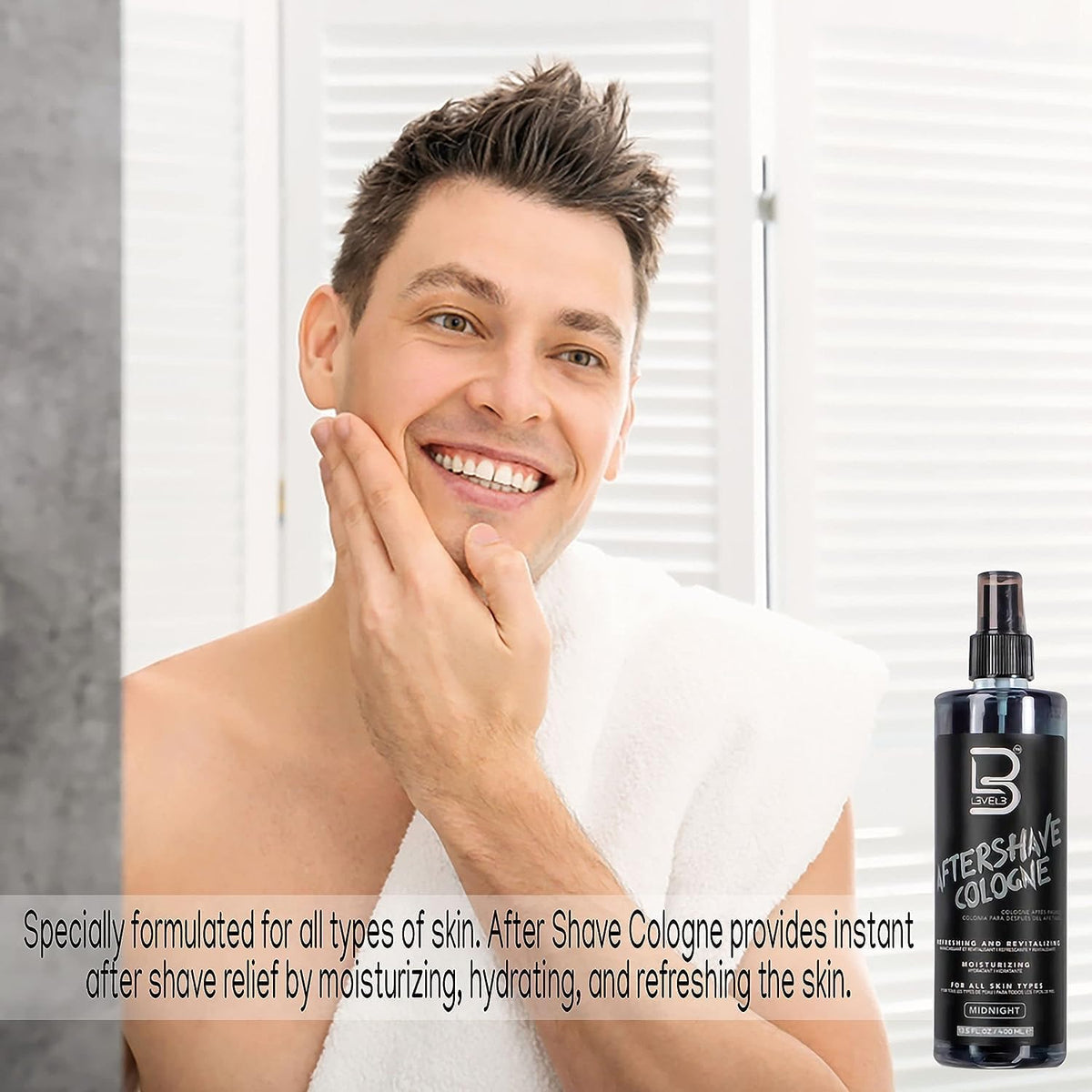 L3 in bathroom morning routine setting conveying refreshed, ready-for-the-day confidence