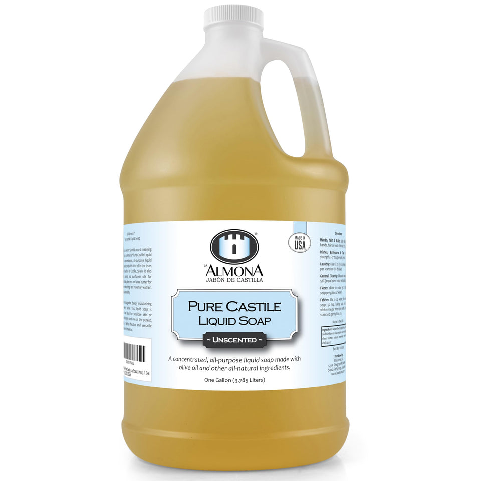 La Almona gallon front label showing unscented Castile benefits