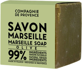 La Compagnie de Provence front view of 400g olive soap cube showing clean packaging and artisanal look