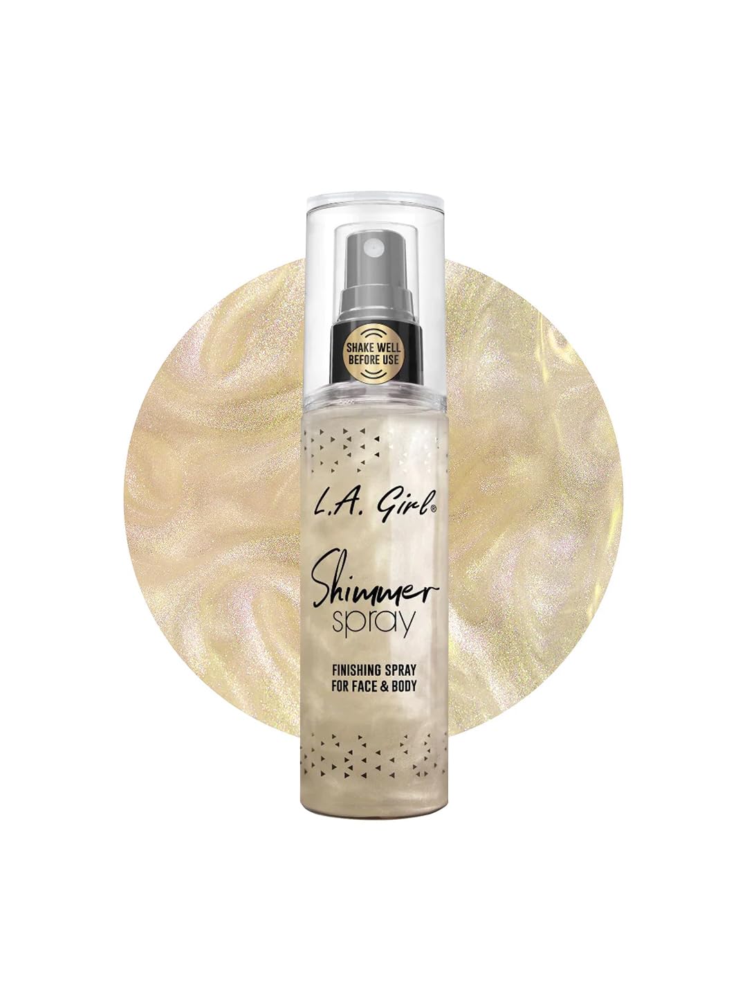 L.A. Girl front packaging shows gold shimmer spray and travel-friendly size