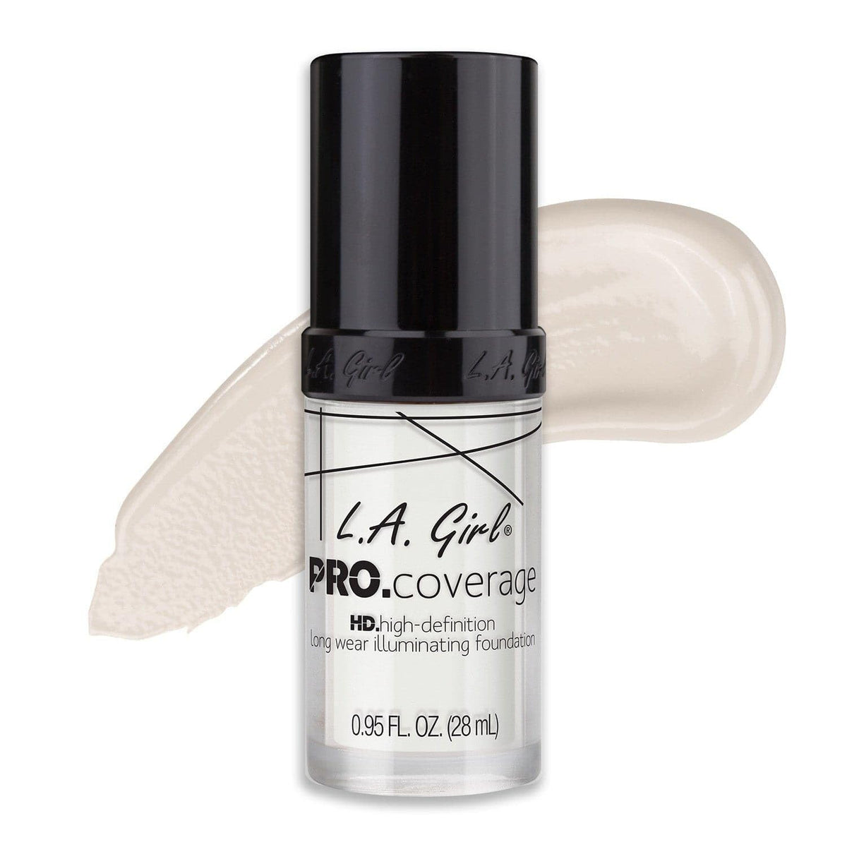 L.A. Girl front bottle showing sleek packaging and full-coverage promise