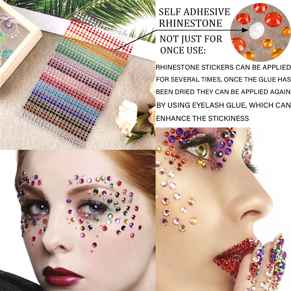 La Jolie Jasmin overhead display of 16 rainbow colors and various gem sizes for mix-and-match