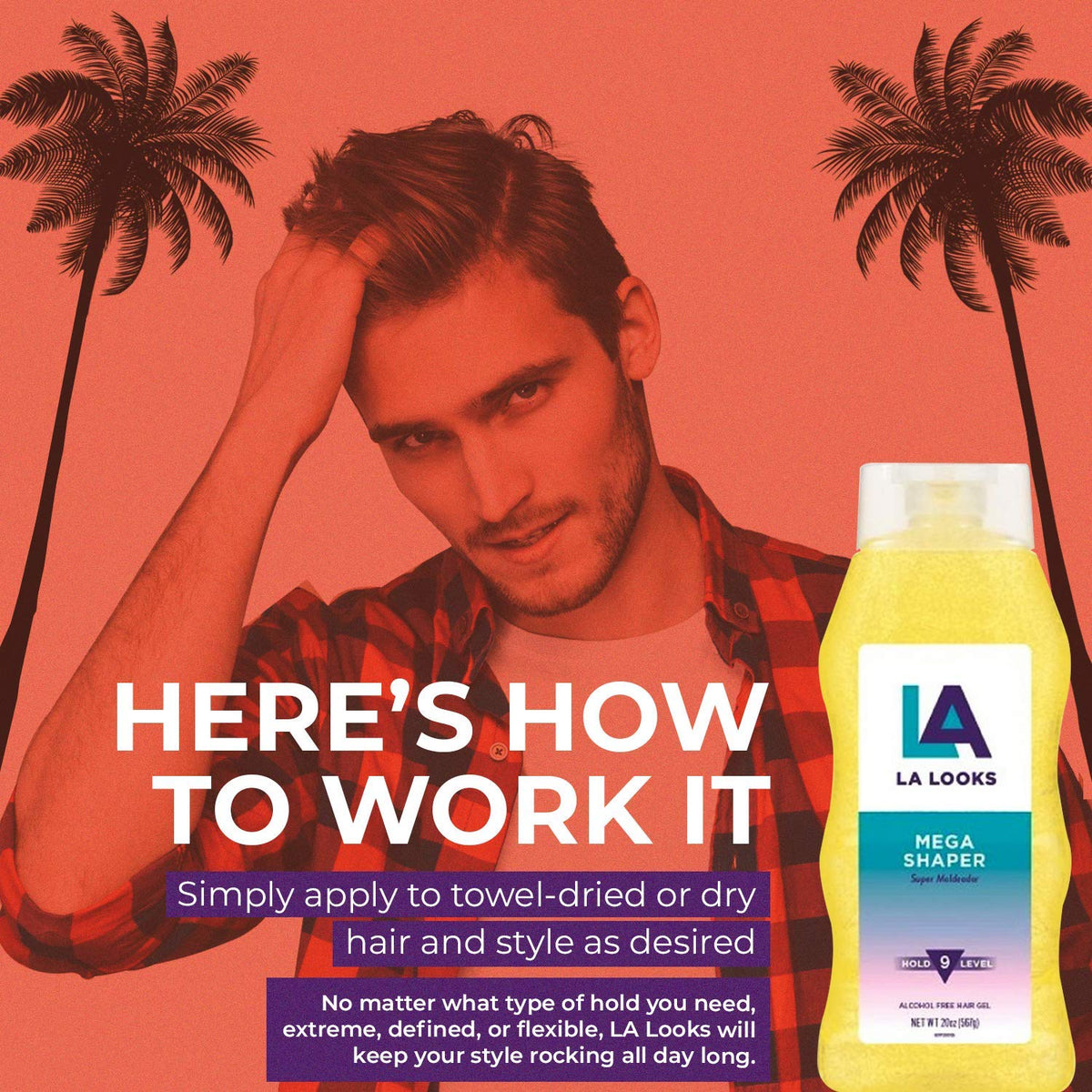 L.A. Looks gel applied to styled hair demonstrating long-lasting hold and definition