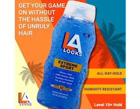 Hand squeezing L.A. Looks bottle for controlled dispensing convenience