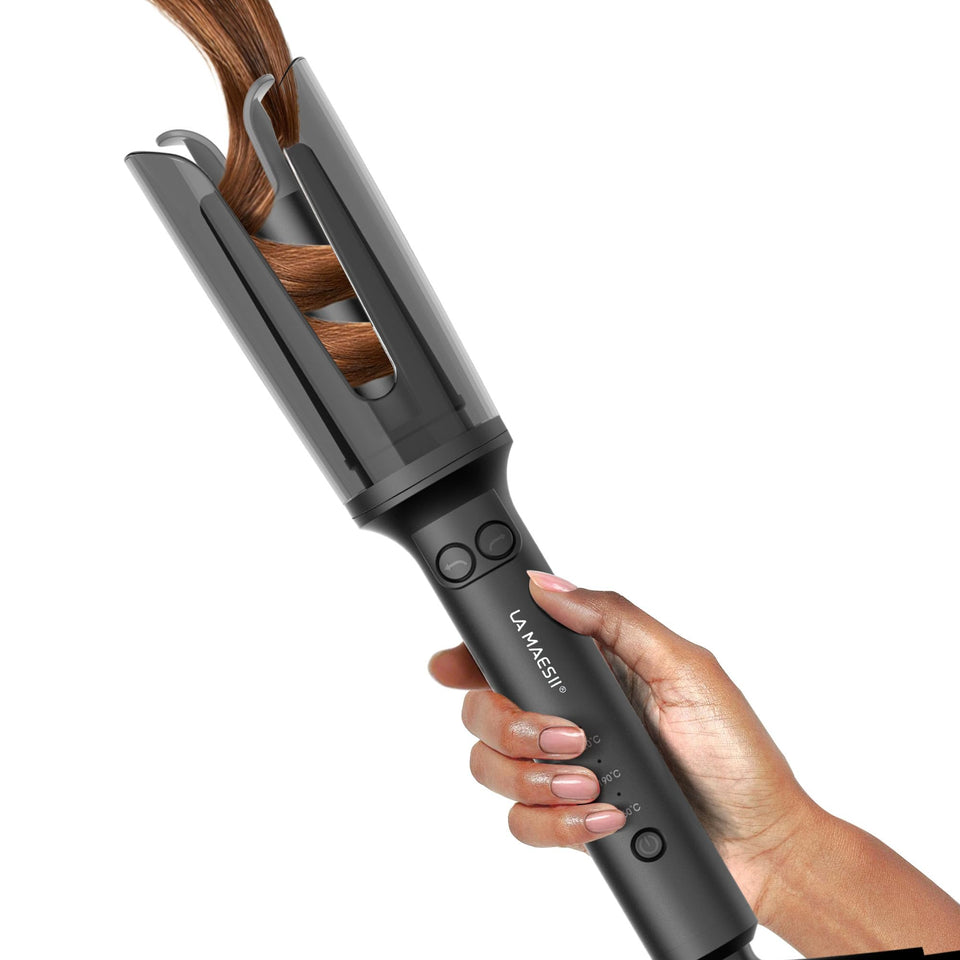 LA MAESII front view of curler showing one-touch rotation and controls for quick styling