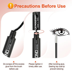 La Maesii glue next to tweezers showing compact 10ml travel-friendly size