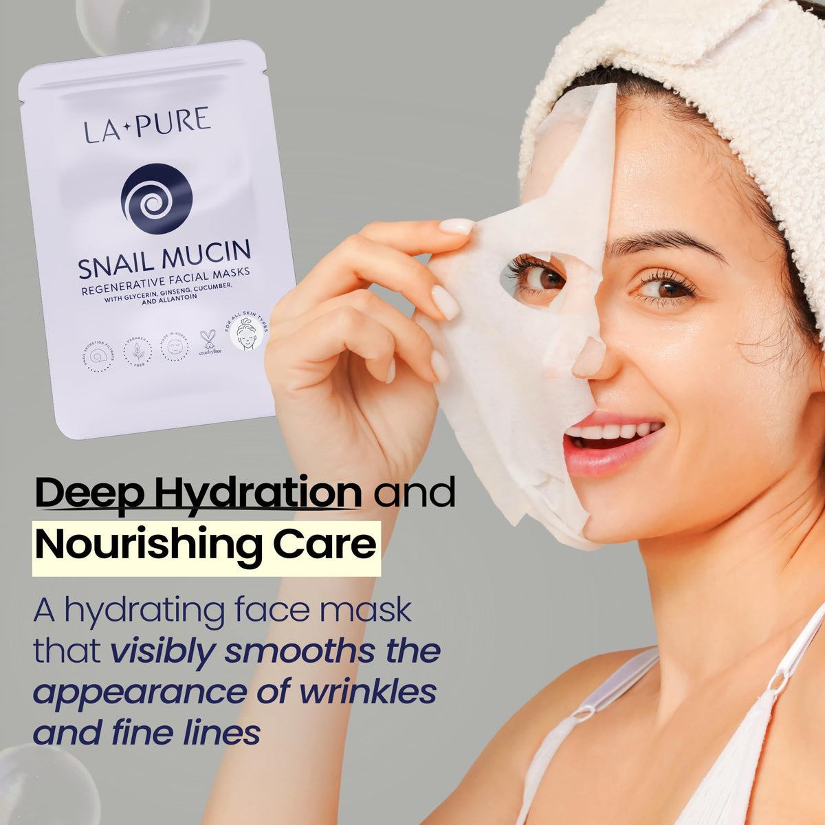 Pouring essence from LA PURE mask pouch highlighting concentrated hydration
