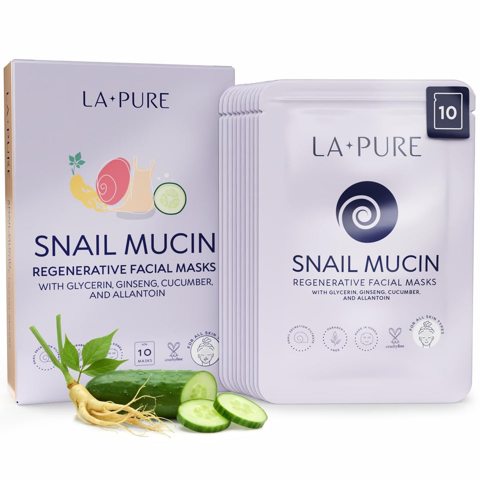 LA PURE front packaging showing 10-count sheet mask pack and benefits