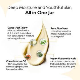 LA PURE ingredients flatlay with tallow and botanicals highlighting purity