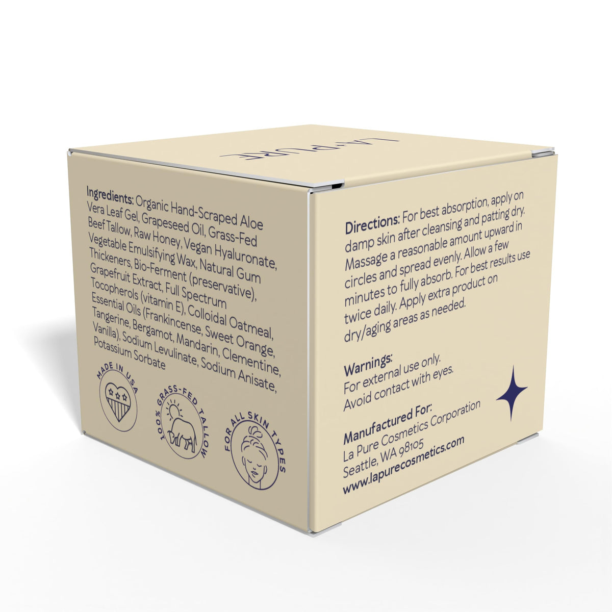 LA PURE made in usa seal on box emphasizing small-batch quality