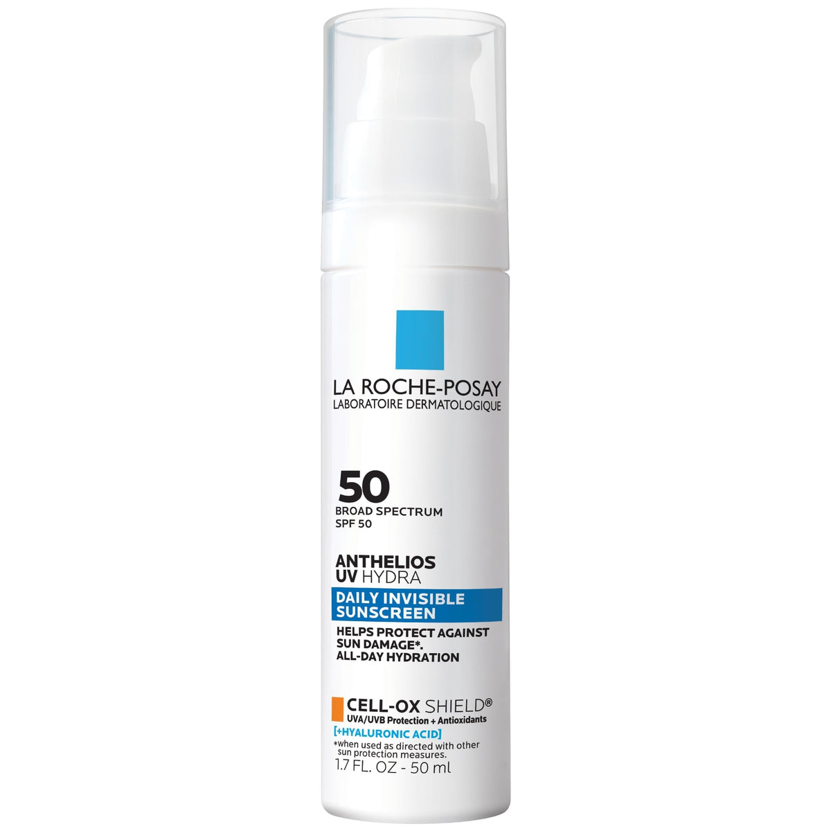 La Roche-Posay front packaging showing SPF 50 and travel-friendly benefits