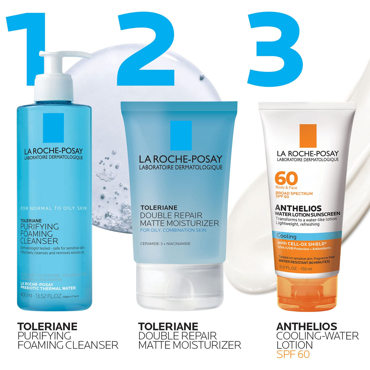 La Roche-Posay bottle next to common items to show actual size and portability