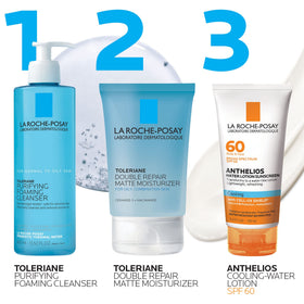 La Roche-Posay bottle next to common items to show actual size and portability