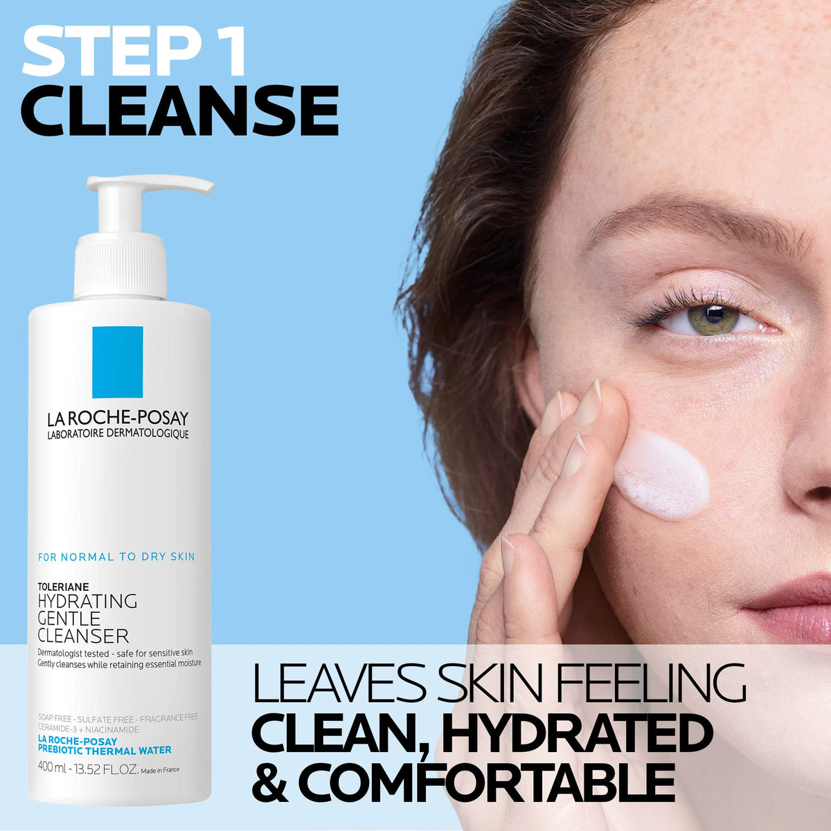 La Roche-Posay gentle cleanser pump close-up highlighting easy dispensing benefit