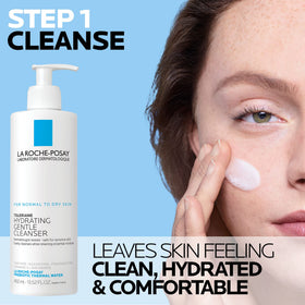 La Roche-Posay gentle cleanser pump close-up highlighting easy dispensing benefit