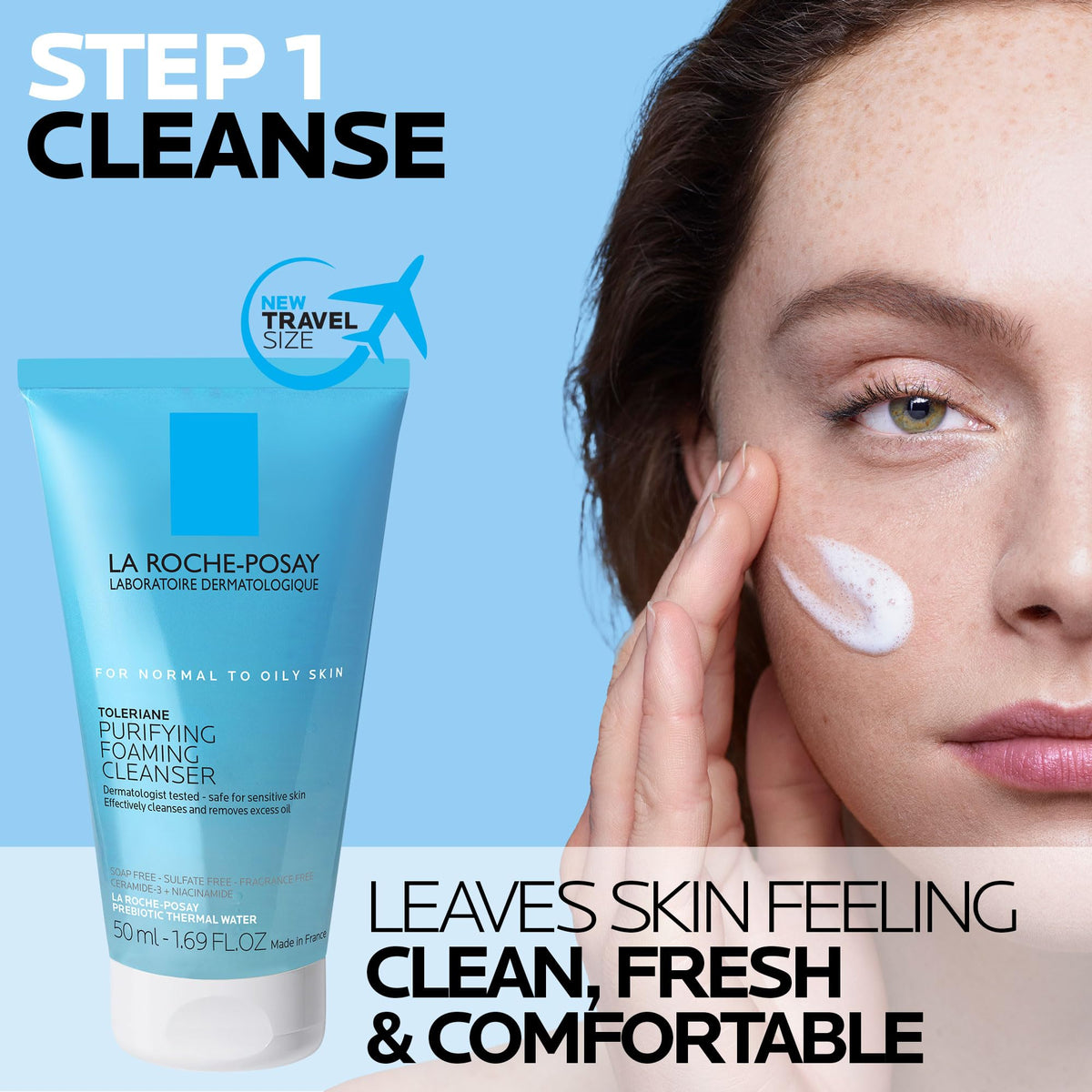 La Roche-Posay cleanser pump dispensed foam demonstrating gentle oil removal benefit