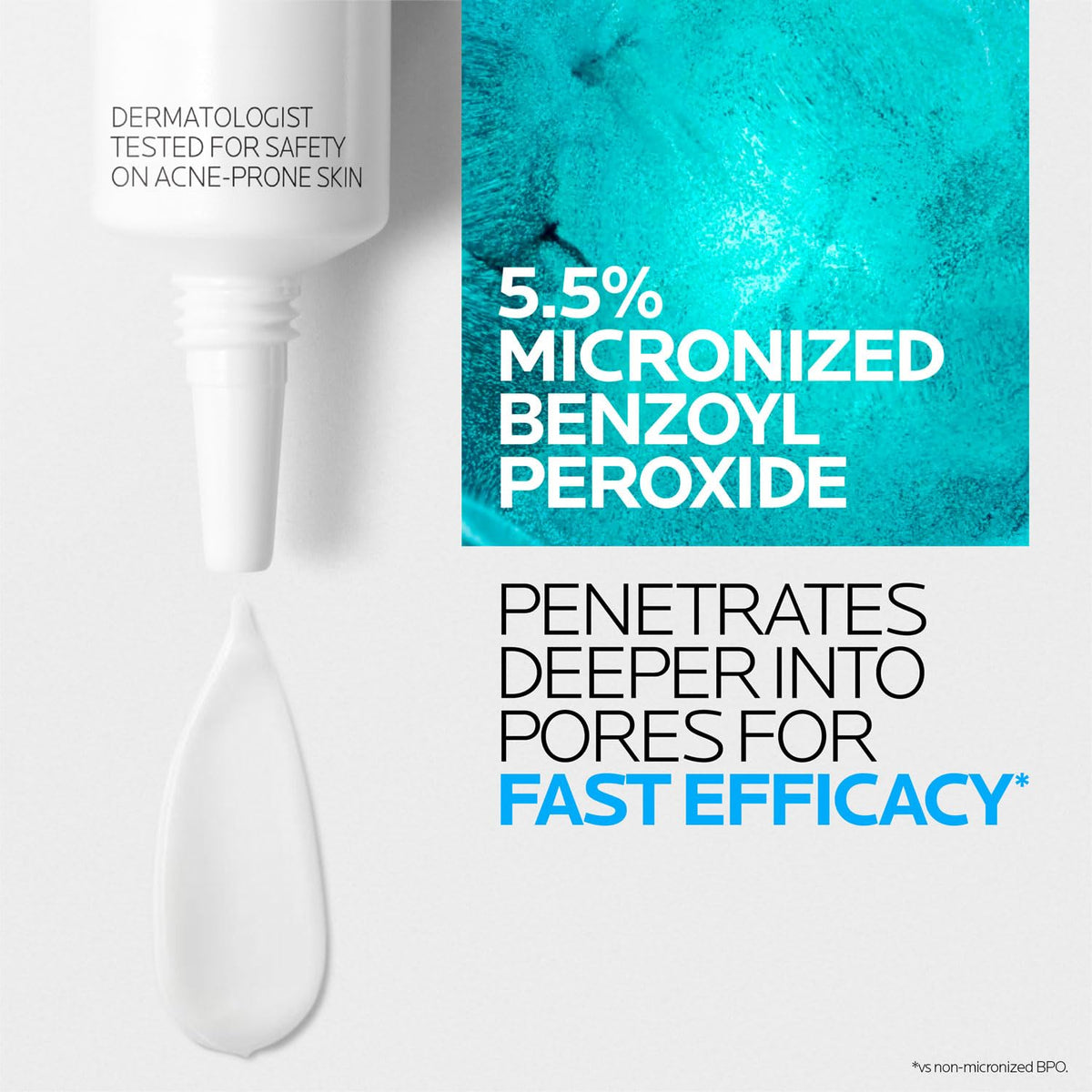 La Roche-Posay ingredient label close-up showing benzoyl peroxide clarity benefit