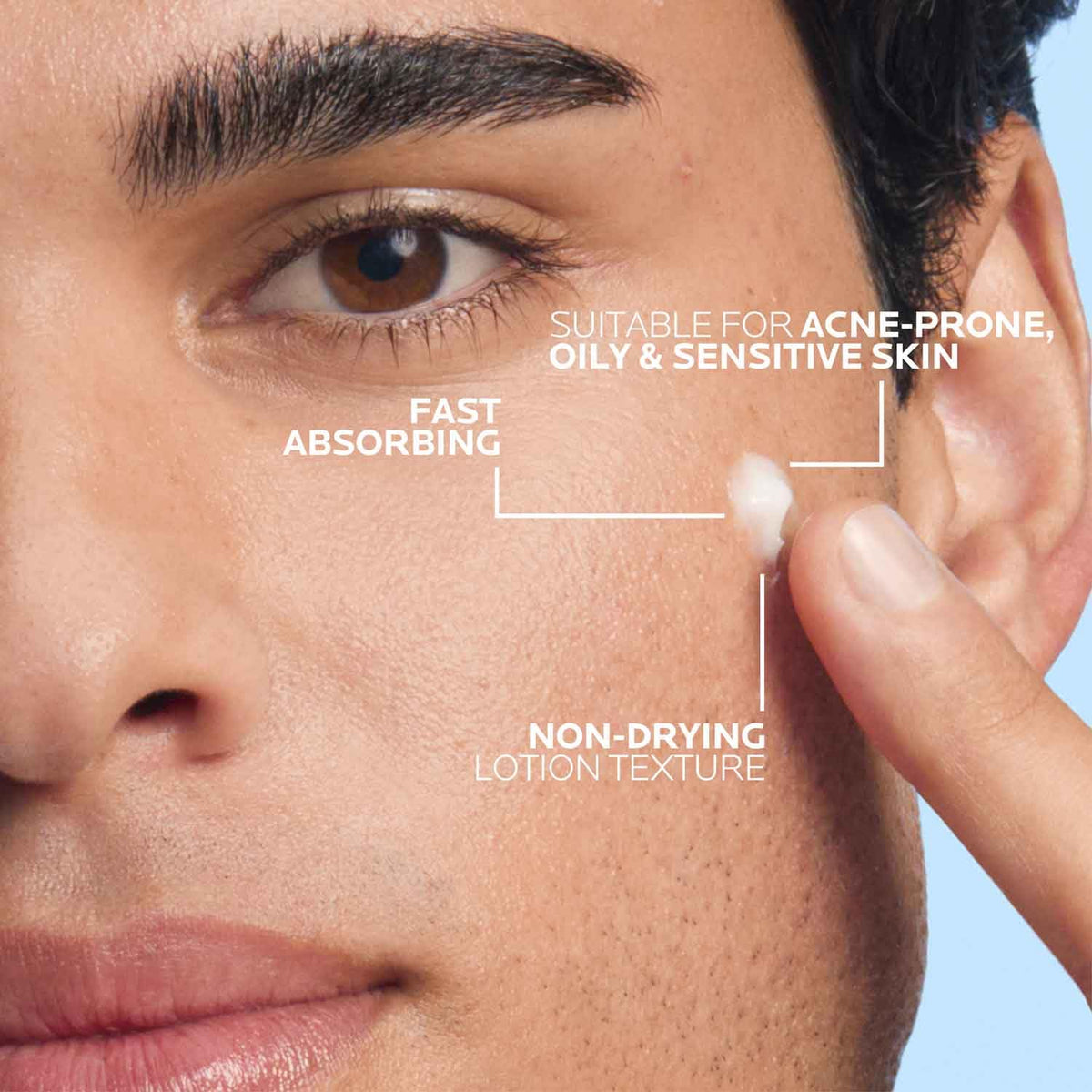 La Roche-Posay texture on fingers demonstrating lightweight absorbent benefit