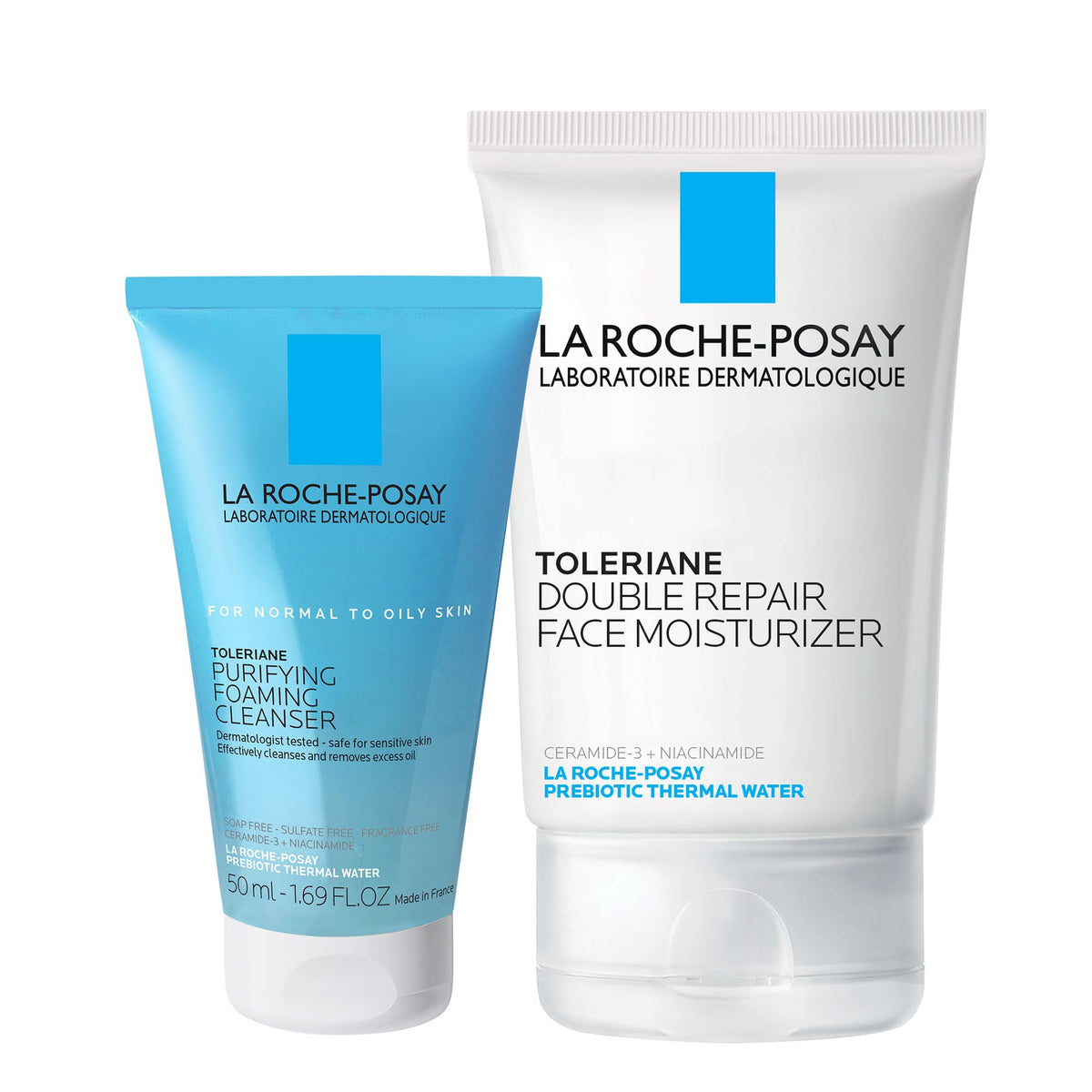 La Roche-Posay front packaging travel set showing cleanser and moisturizer benefit hydration