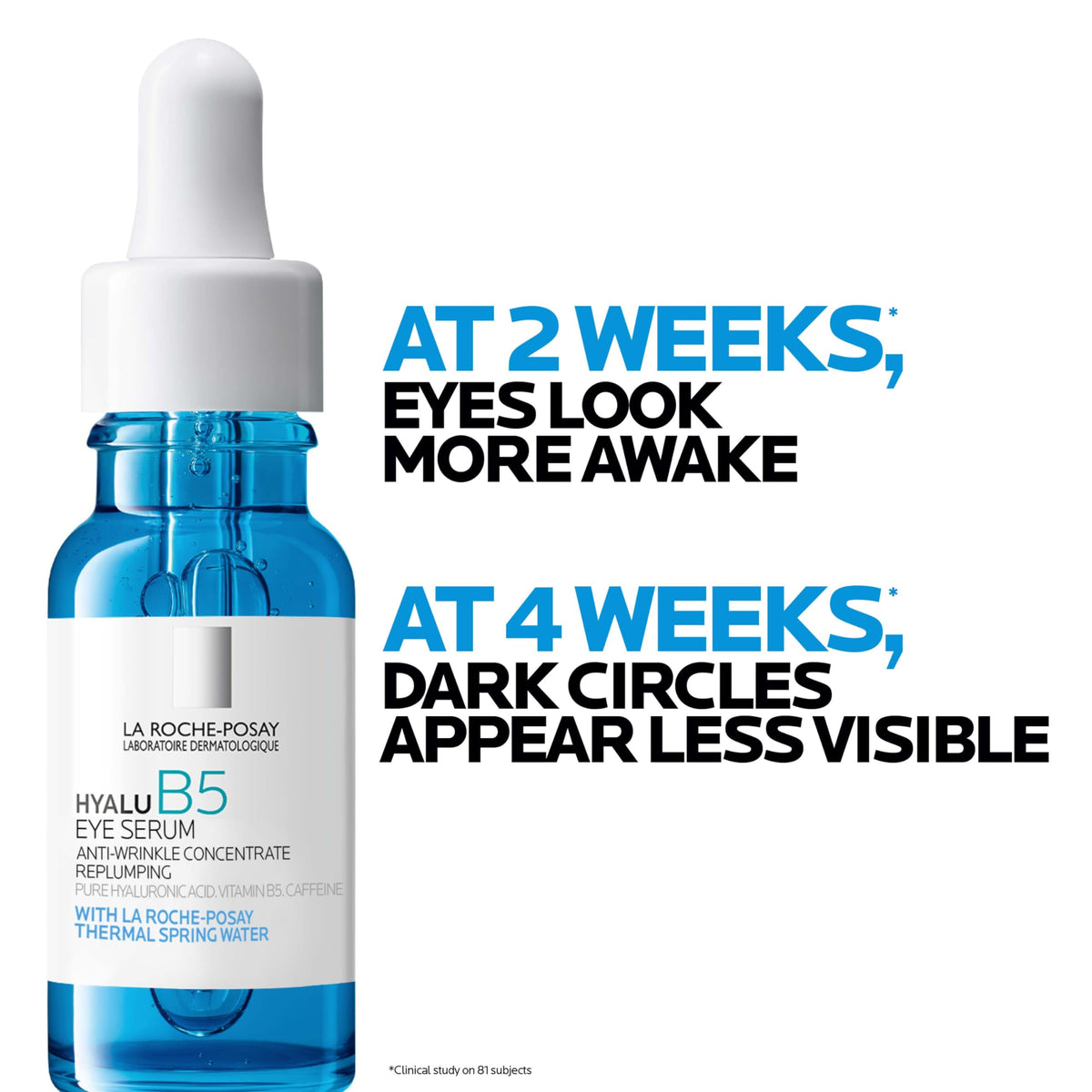 Before and after images with La Roche-Posay Hyalu B5 Eye Serum showing reduced puffiness