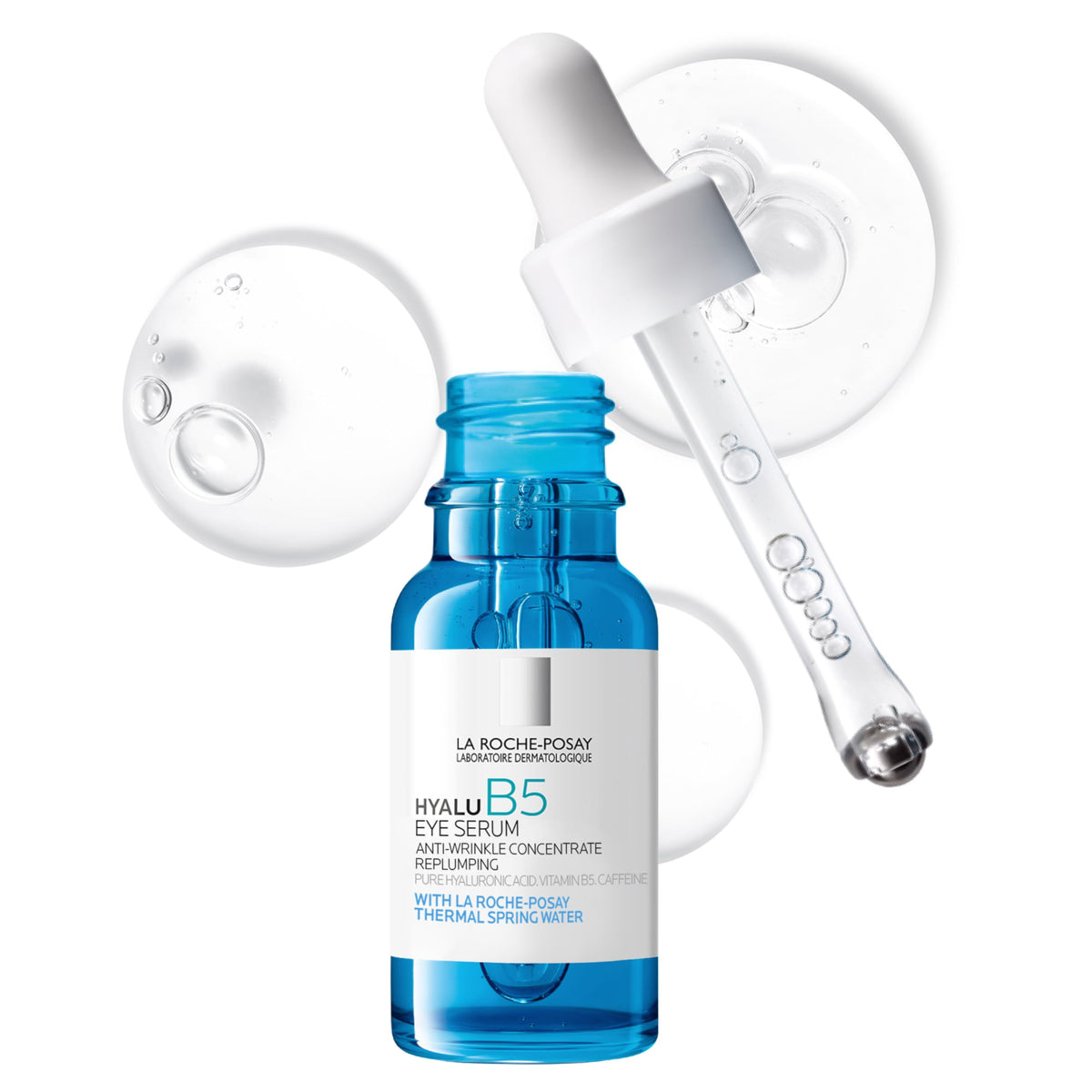 La Roche-Posay front packaging of Hyalu B5 Eye Serum showing tube and roller benefits