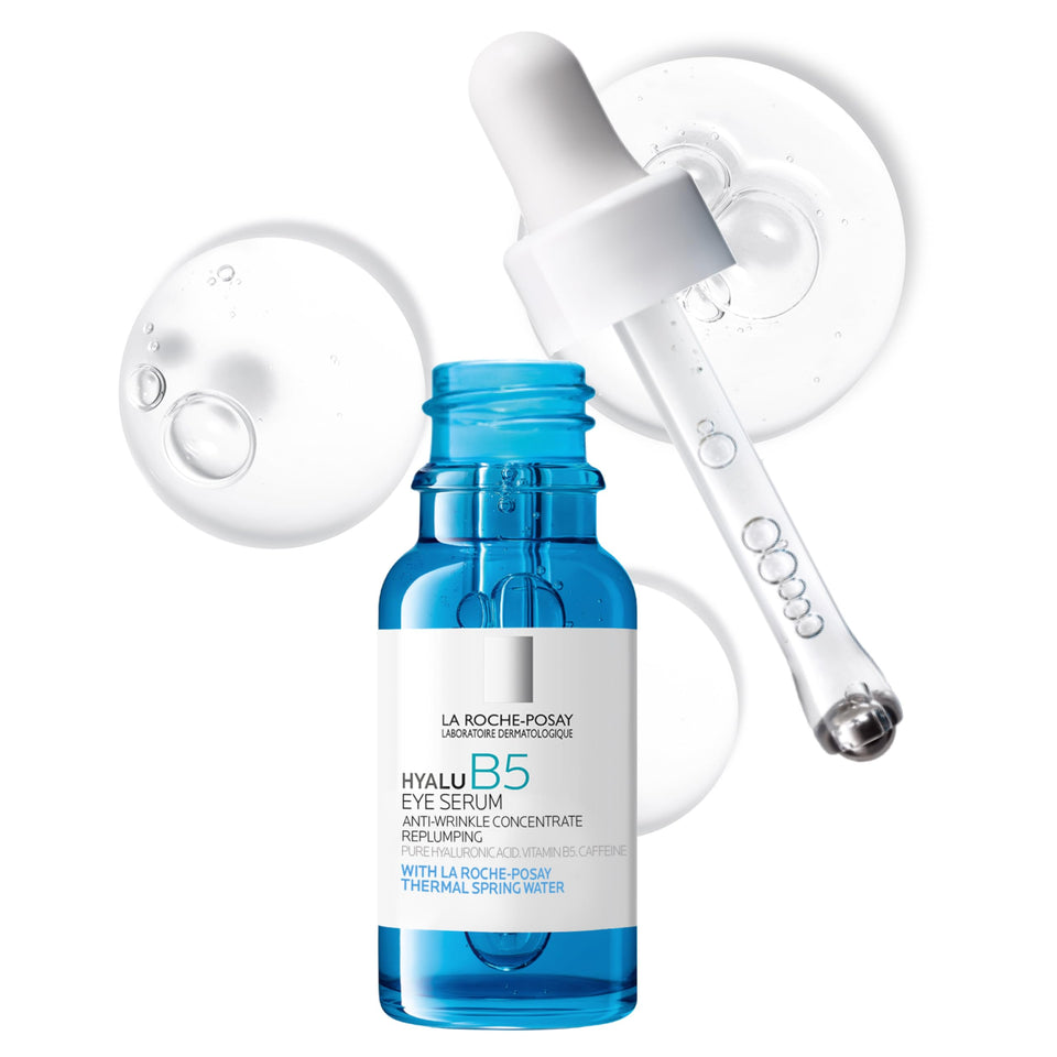 La Roche-Posay front packaging of Hyalu B5 Eye Serum showing tube and roller benefits