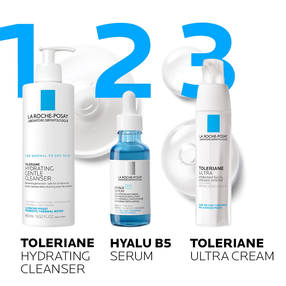 La Roche-Posay Hyalu B5 bottle next to a hand for scale to show product size